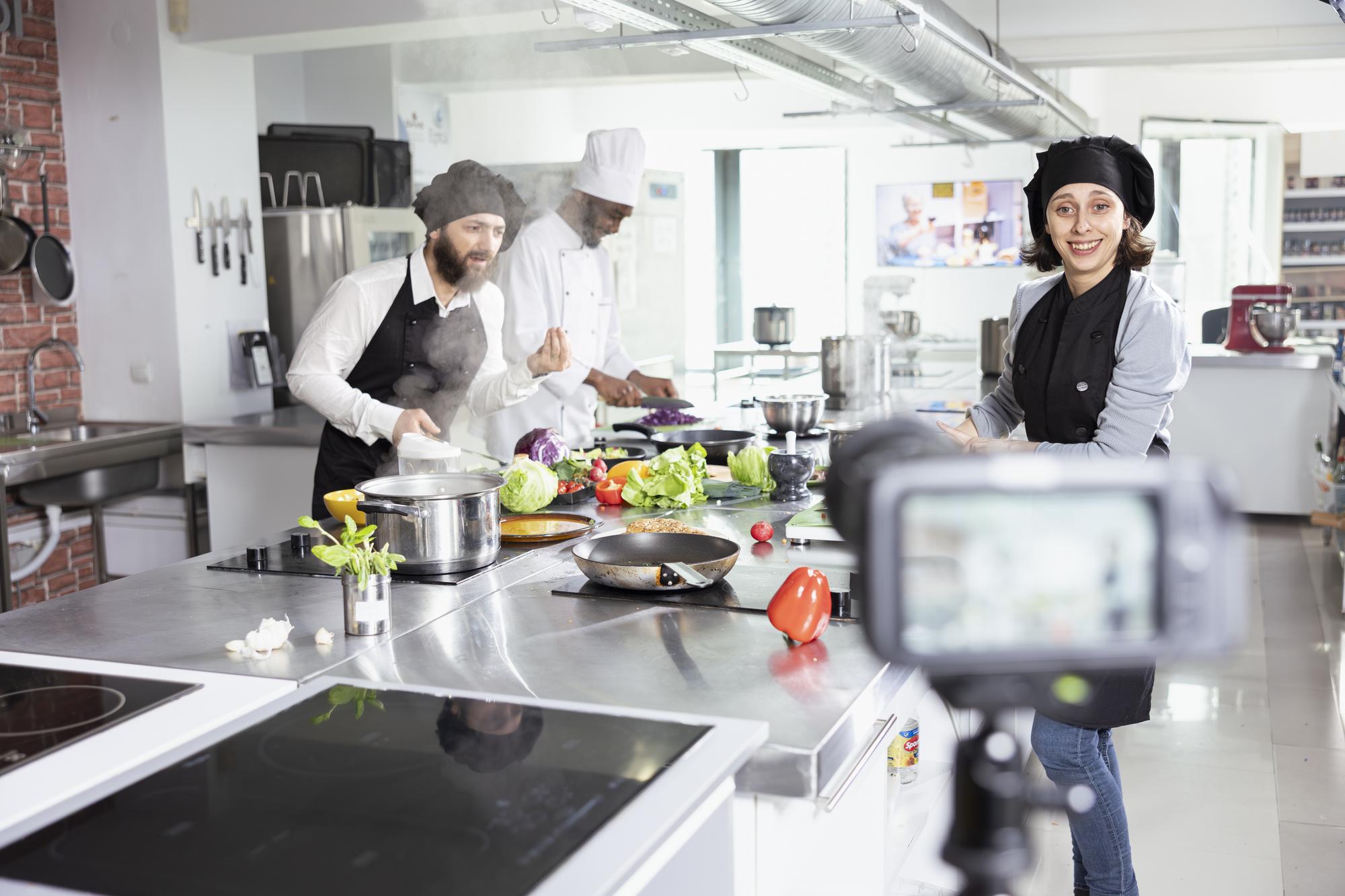 Cucina professionale con banchi e fornelli durante la lezione